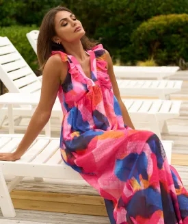 Fuchsia Tropical Print Cotton Maxi Dress