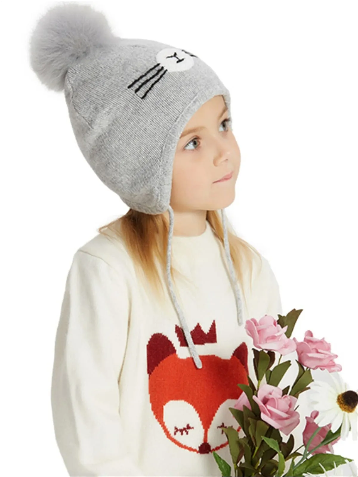 Girls Fall Knit Animal Whisker Pom Pom Beanie ( 6 Style Options)