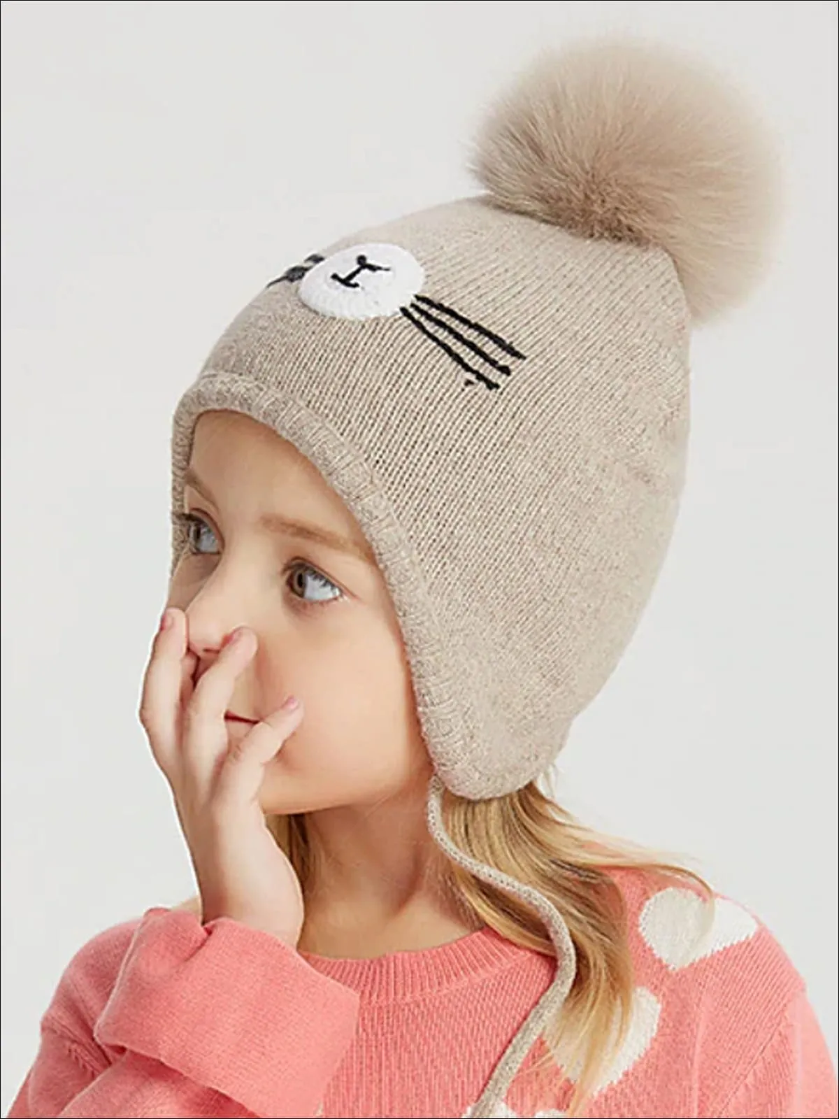 Girls Fall Knit Animal Whisker Pom Pom Beanie ( 6 Style Options)