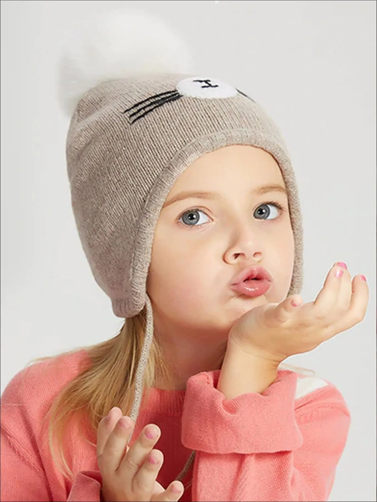 Girls Fall Knit Animal Whisker Pom Pom Beanie ( 6 Style Options)