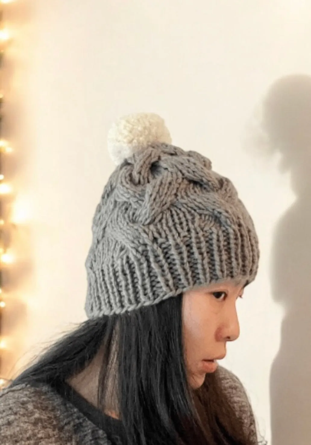 Handknit Cable Beanie | Knit Beret | Slouchy Hat in dark grey | Knit beanie in charcoal | Fluffy cozy fur pom pom winter hat