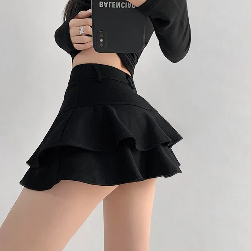 High-waist layered ruffle mini skirt