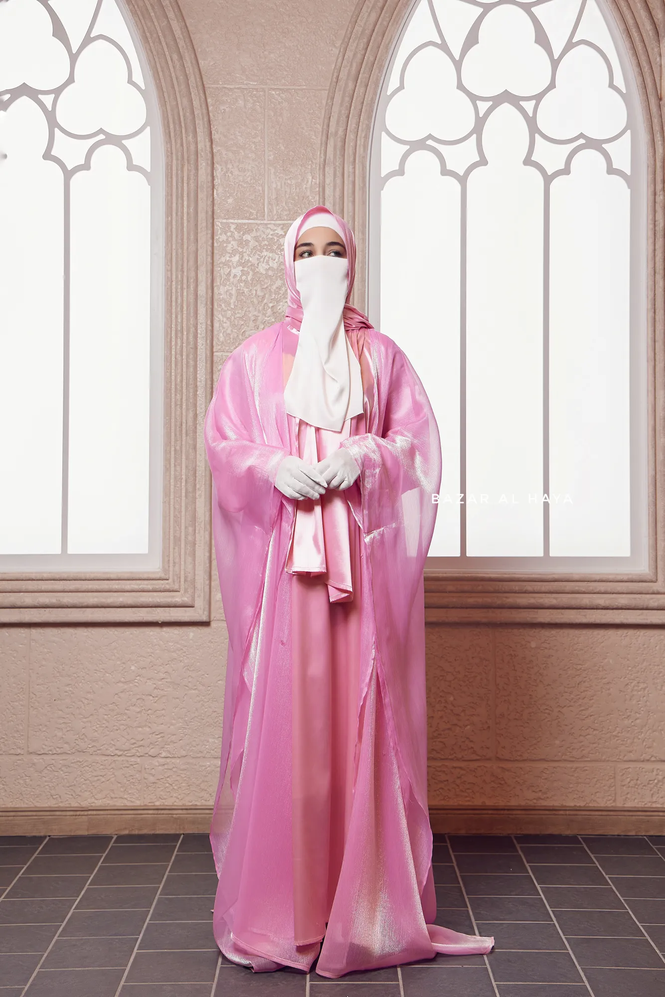 Humaira 3 Piece Abaya Set In Pink Organza Luxurious Kaftan With Inner Dress Scarf