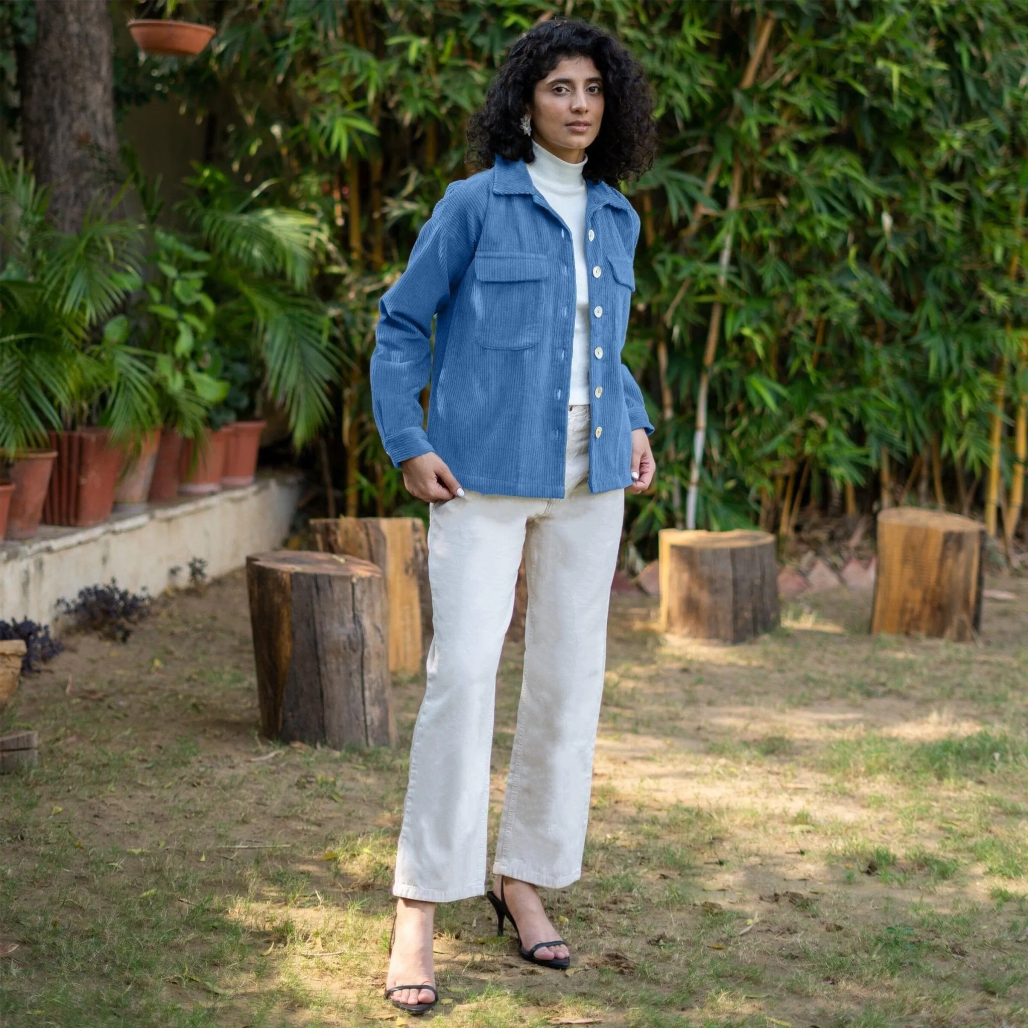 Ice Blue Warm Cotton Corduroy Patch Pocket Button-Down Shacket