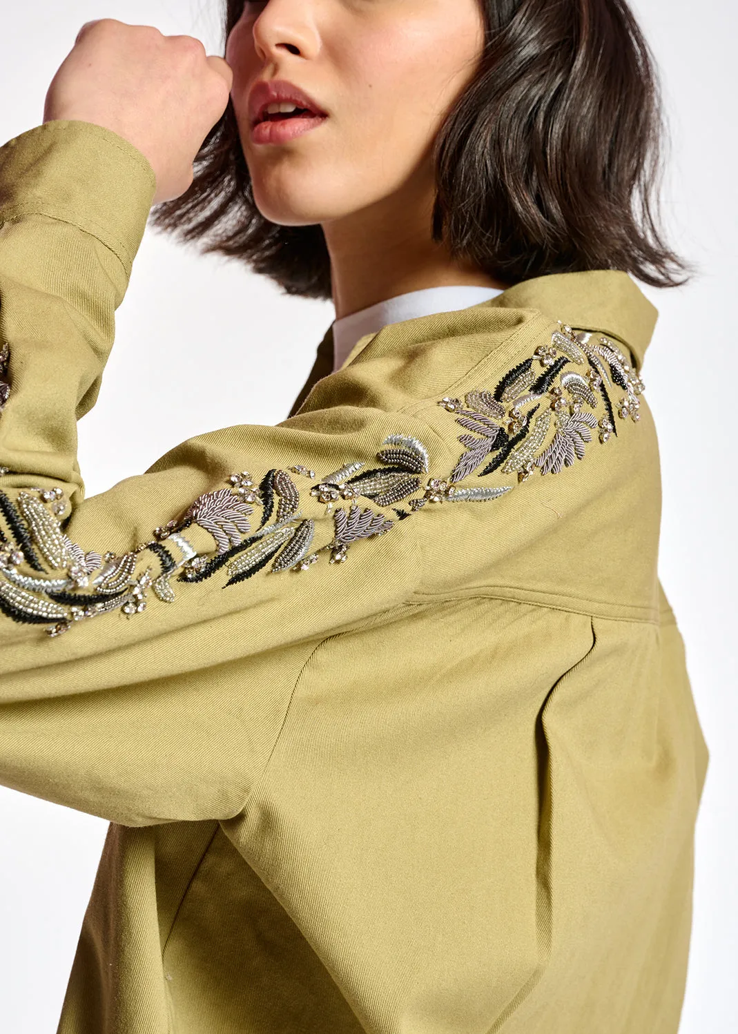 Khaki cotton shirt with bead embroidery