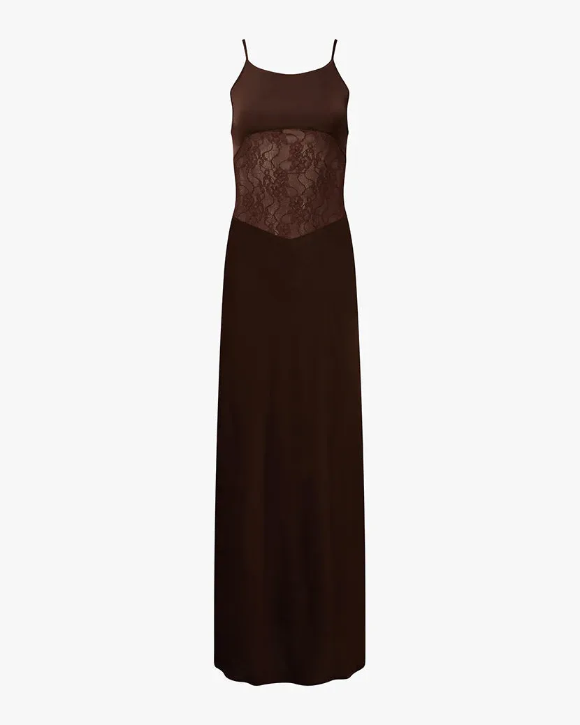 Lace Slip Maxi Dress Brown