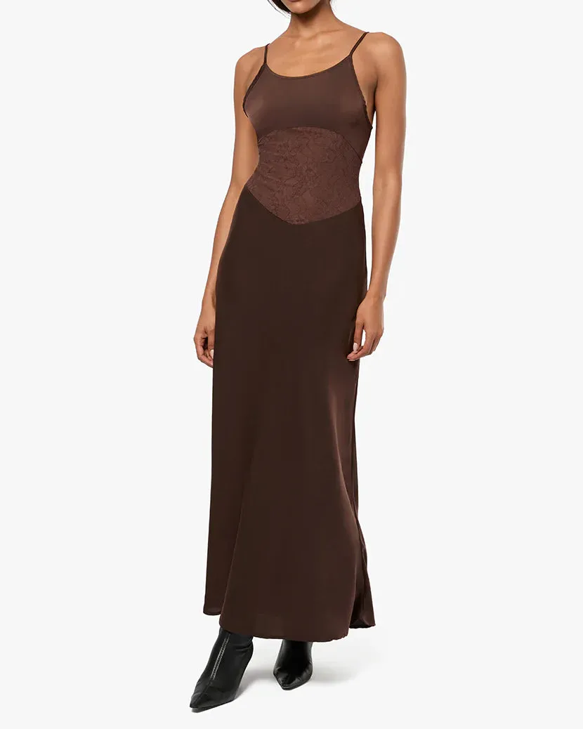 Lace Slip Maxi Dress Brown