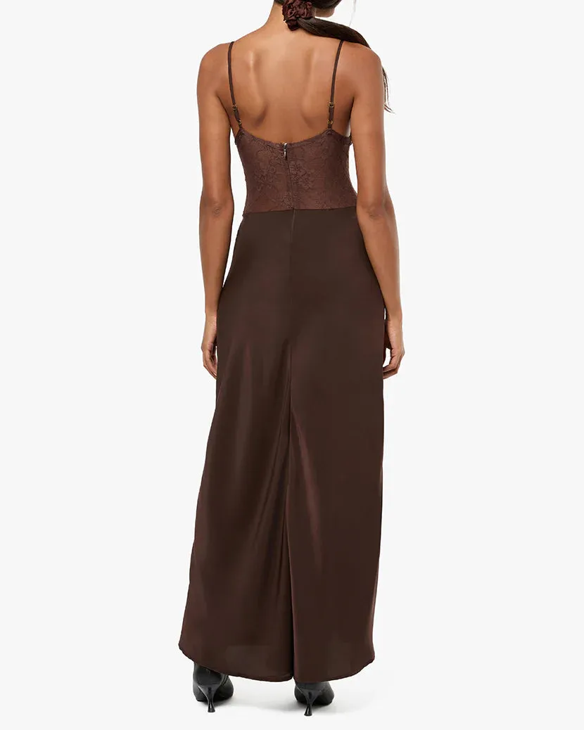 Lace Slip Maxi Dress Brown