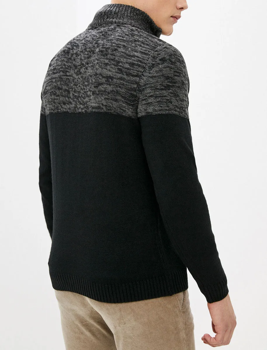 Lansallos Half Zip Neck Colour Block Knit Jumper in Black / Castlerock - Kensington Eastside