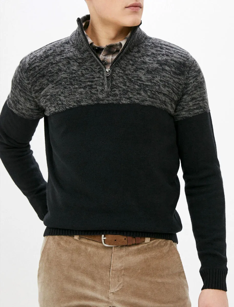 Lansallos Half Zip Neck Colour Block Knit Jumper in Black / Castlerock - Kensington Eastside