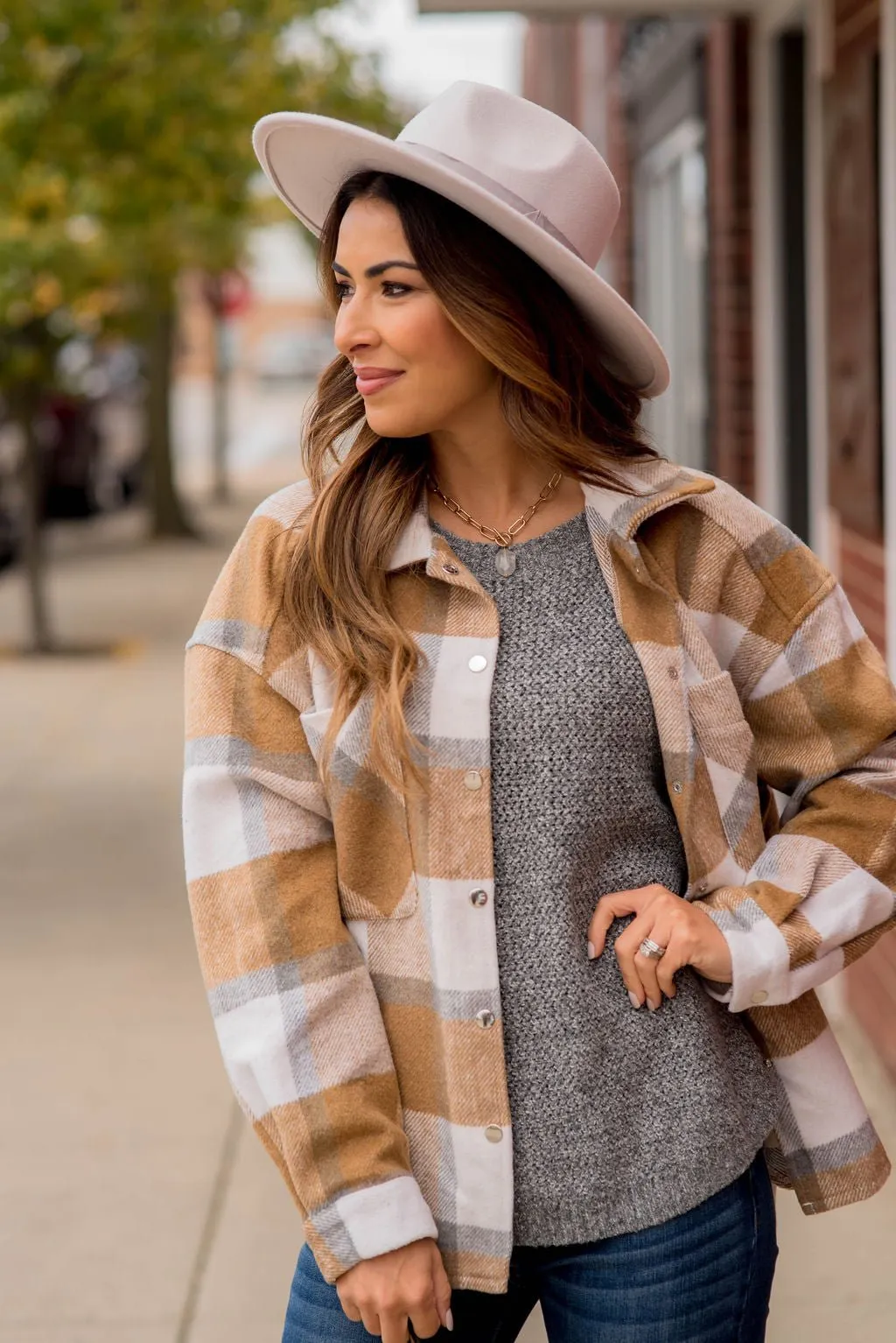 Large Plaid Print Neutral Shacket