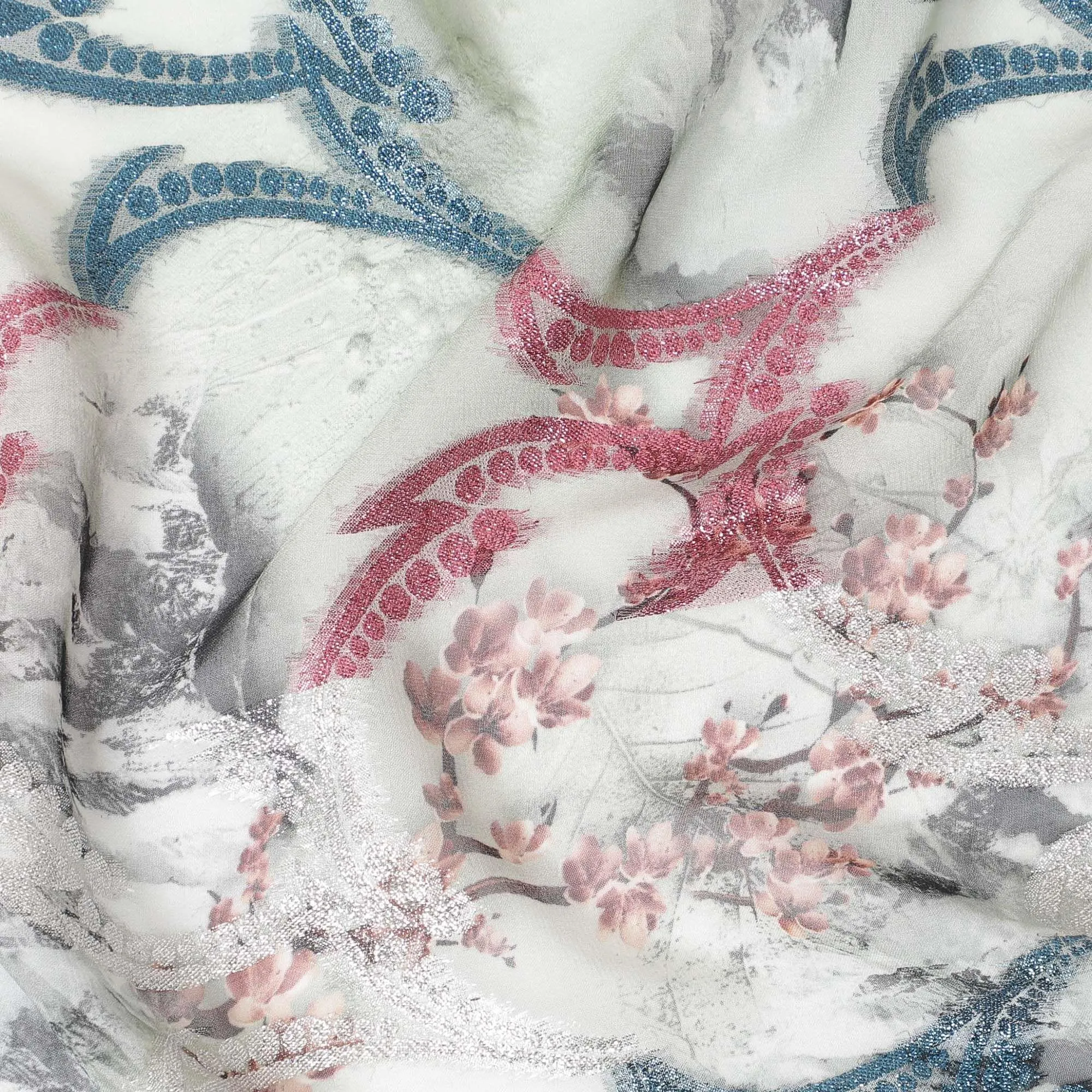 Light Laurel green synthetic chiffon fabric with multicolor print having cerise pink, silver and blue metallic lurex in abstract design-D9673