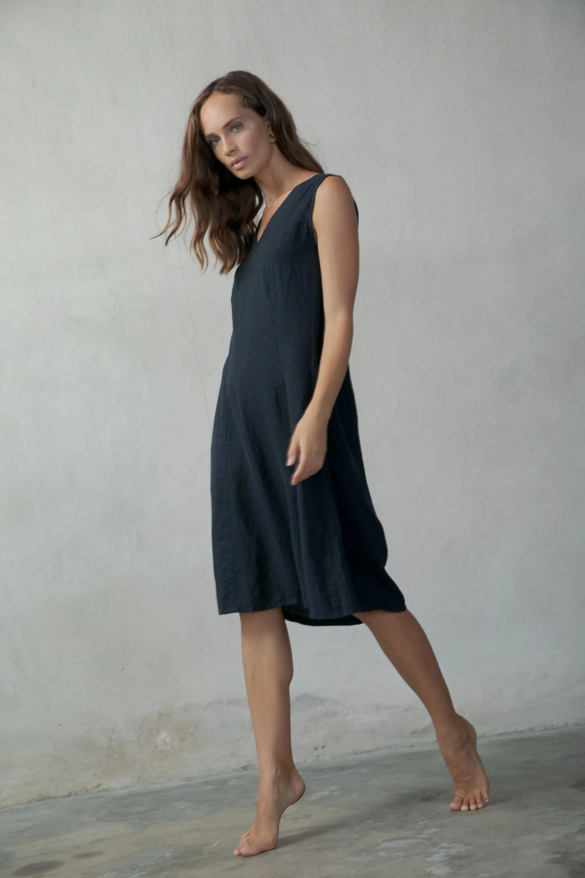 L'origami Linen Slip Dress Navy