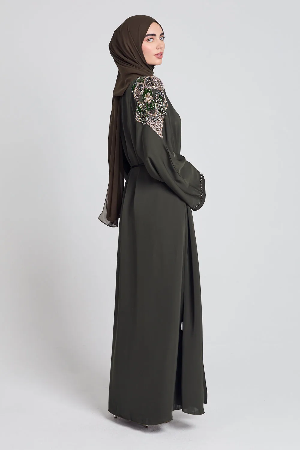 Luxury Crystal Embellished Open Abaya - Khaki