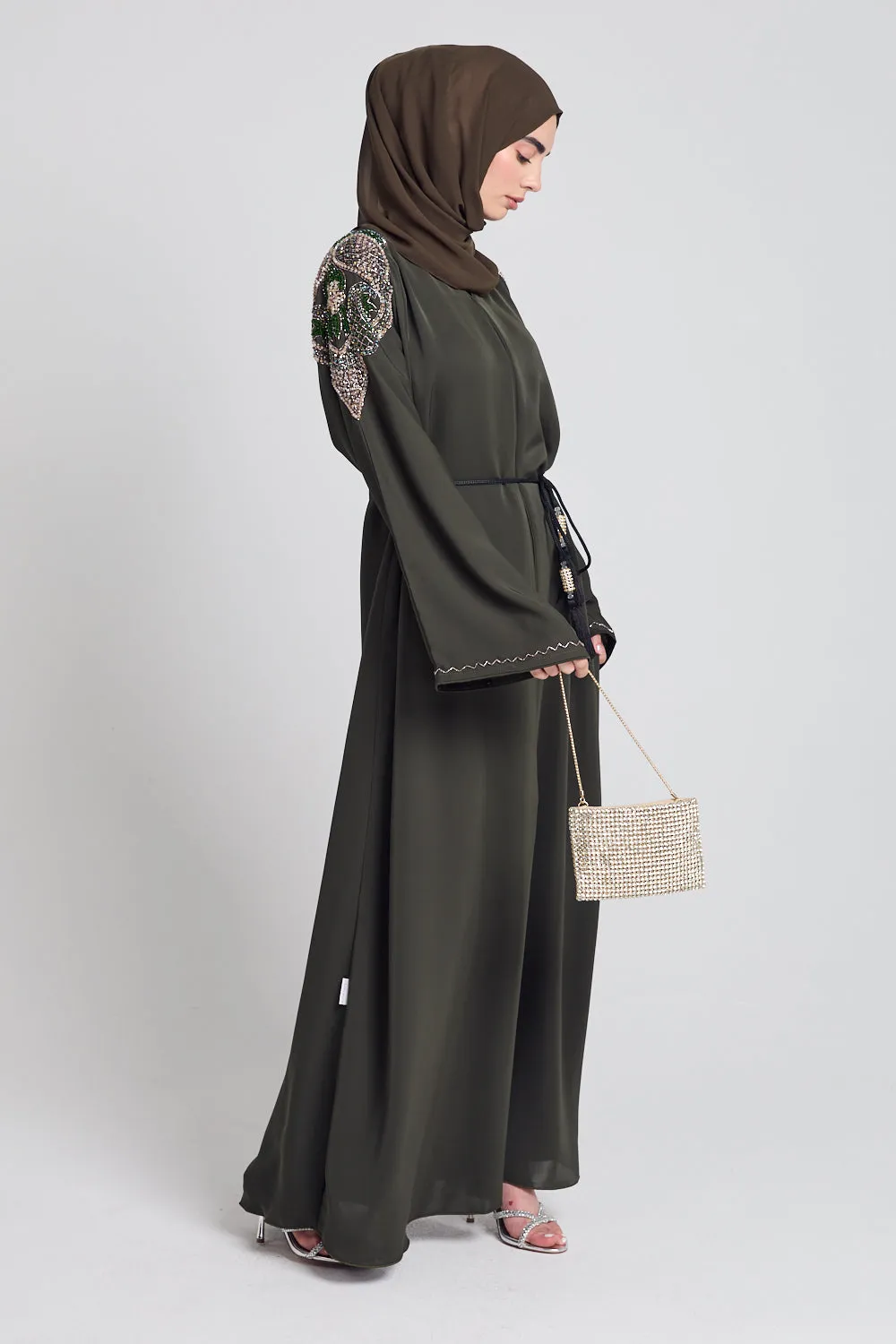 Luxury Crystal Embellished Open Abaya - Khaki