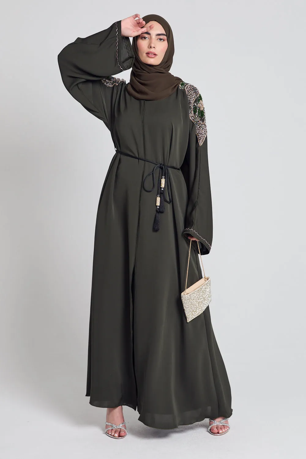 Luxury Crystal Embellished Open Abaya - Khaki