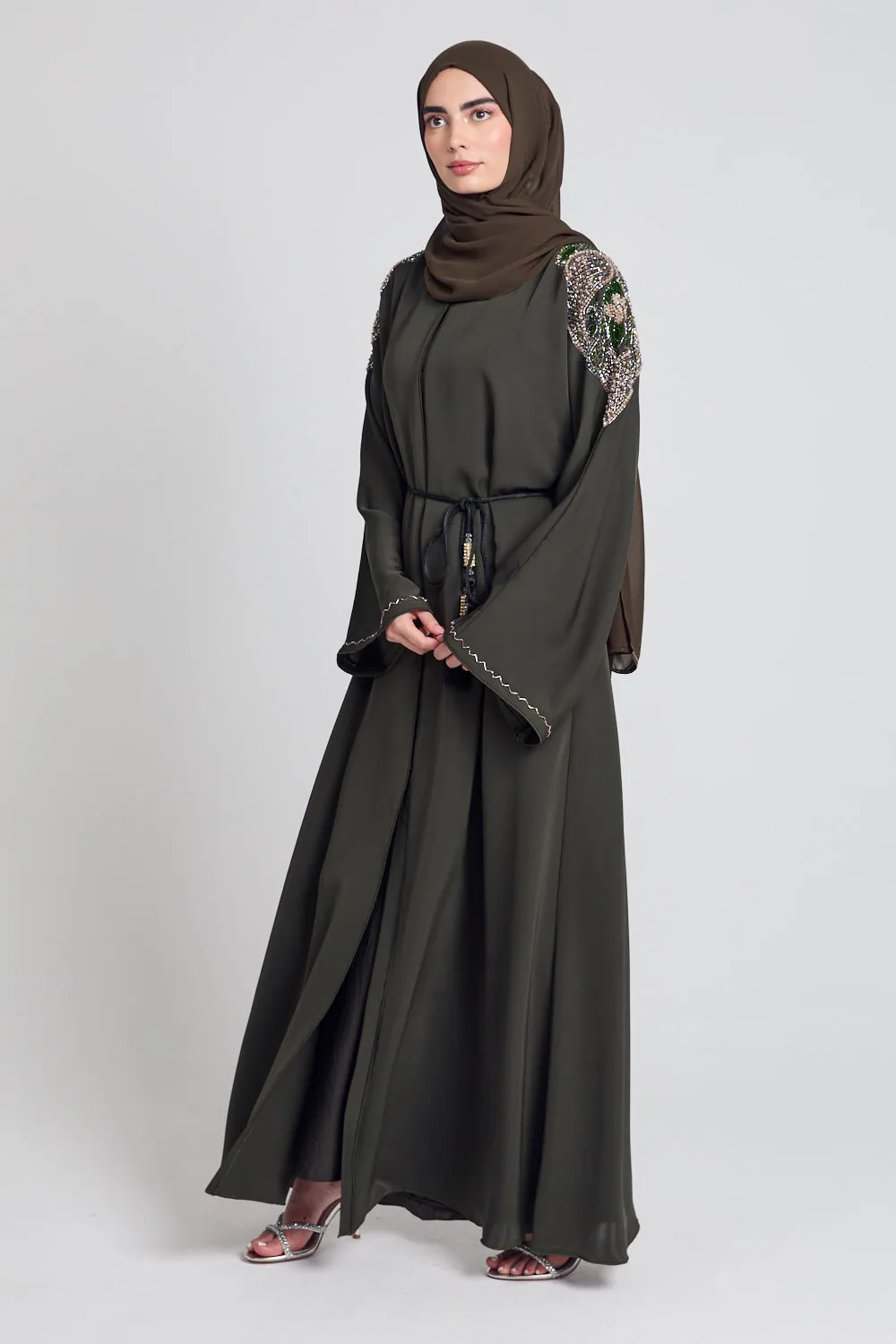 Luxury Crystal Embellished Open Abaya - Khaki