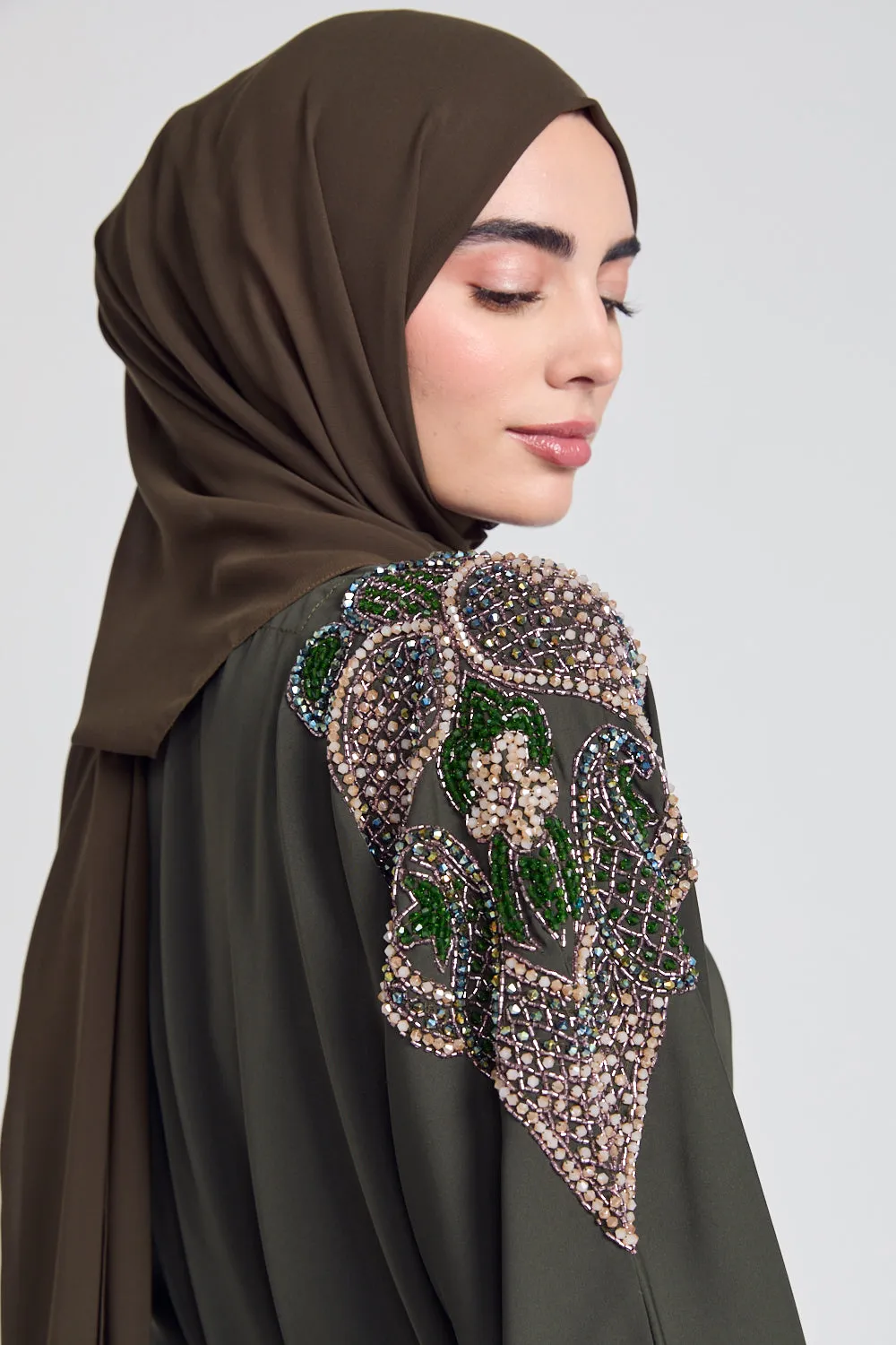 Luxury Crystal Embellished Open Abaya - Khaki