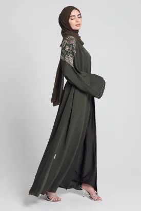 Luxury Crystal Embellished Open Abaya - Khaki