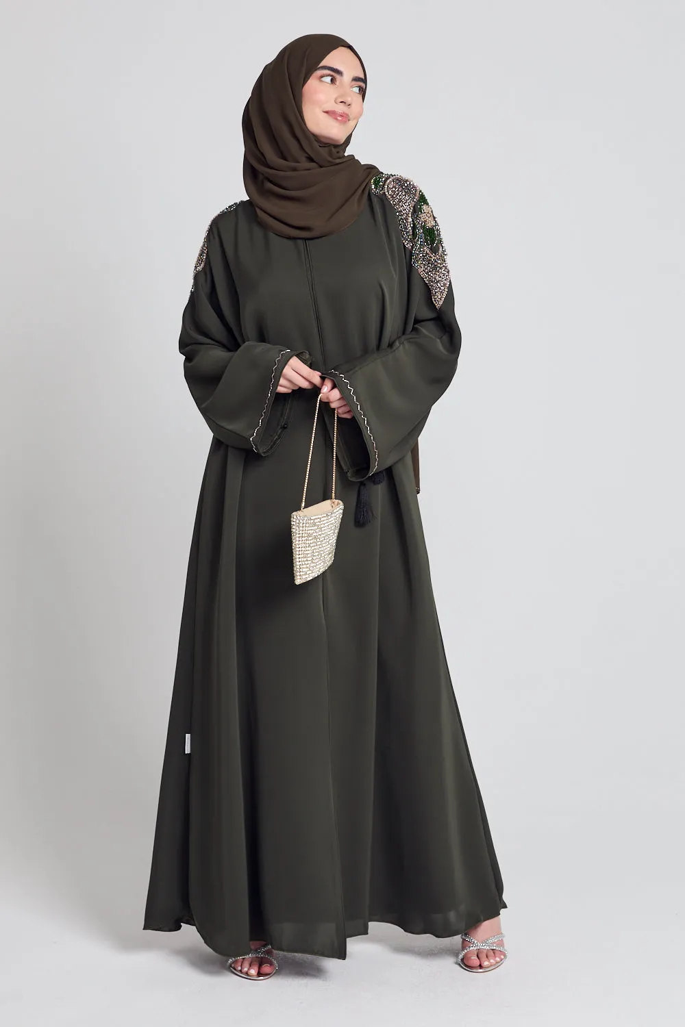 Luxury Crystal Embellished Open Abaya - Khaki