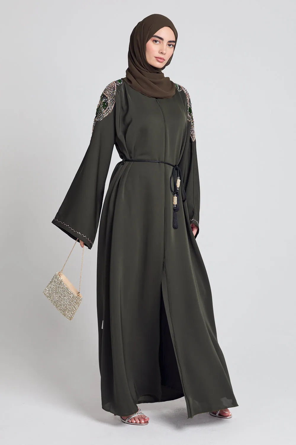 Luxury Crystal Embellished Open Abaya - Khaki