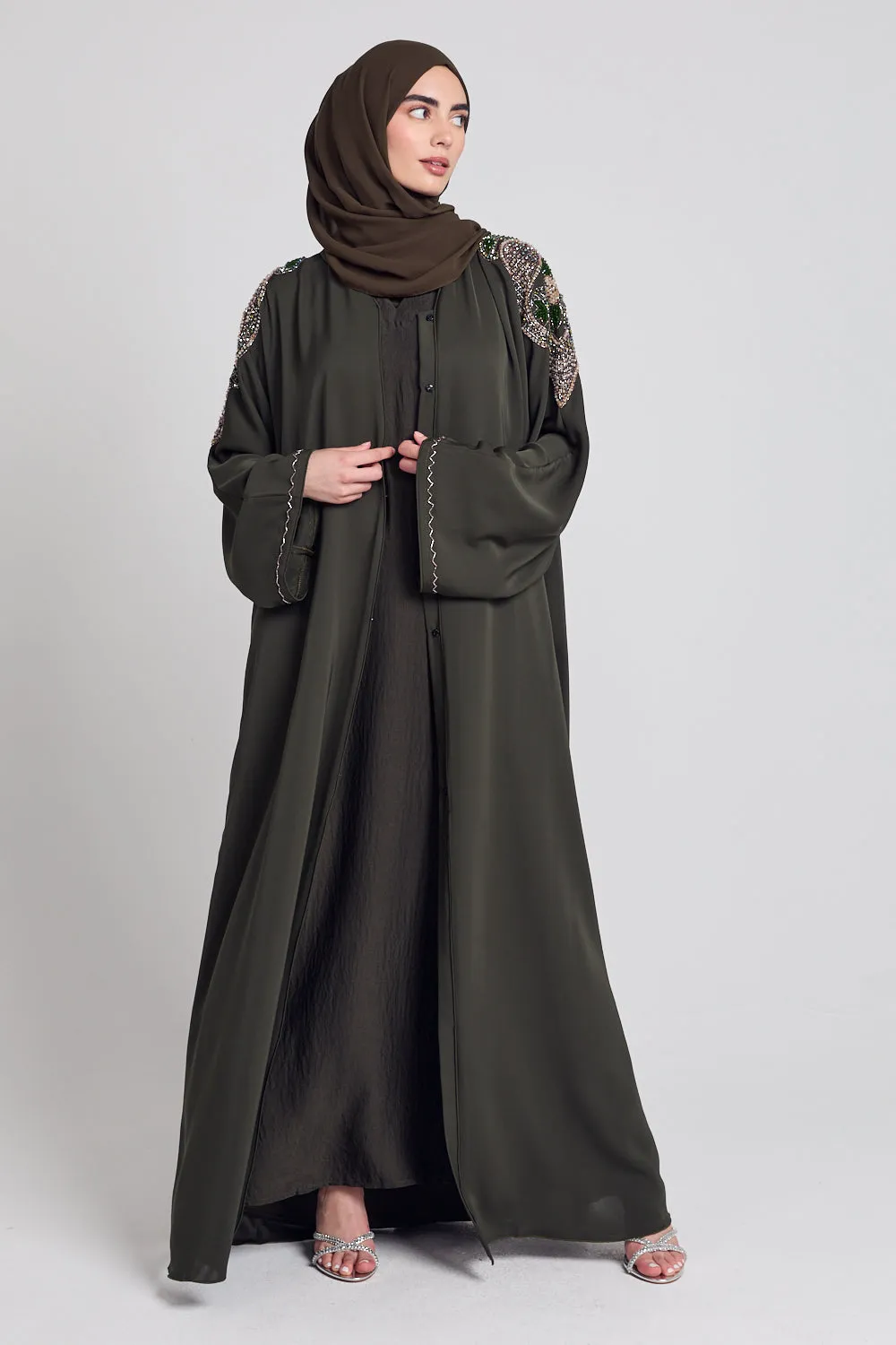 Luxury Crystal Embellished Open Abaya - Khaki