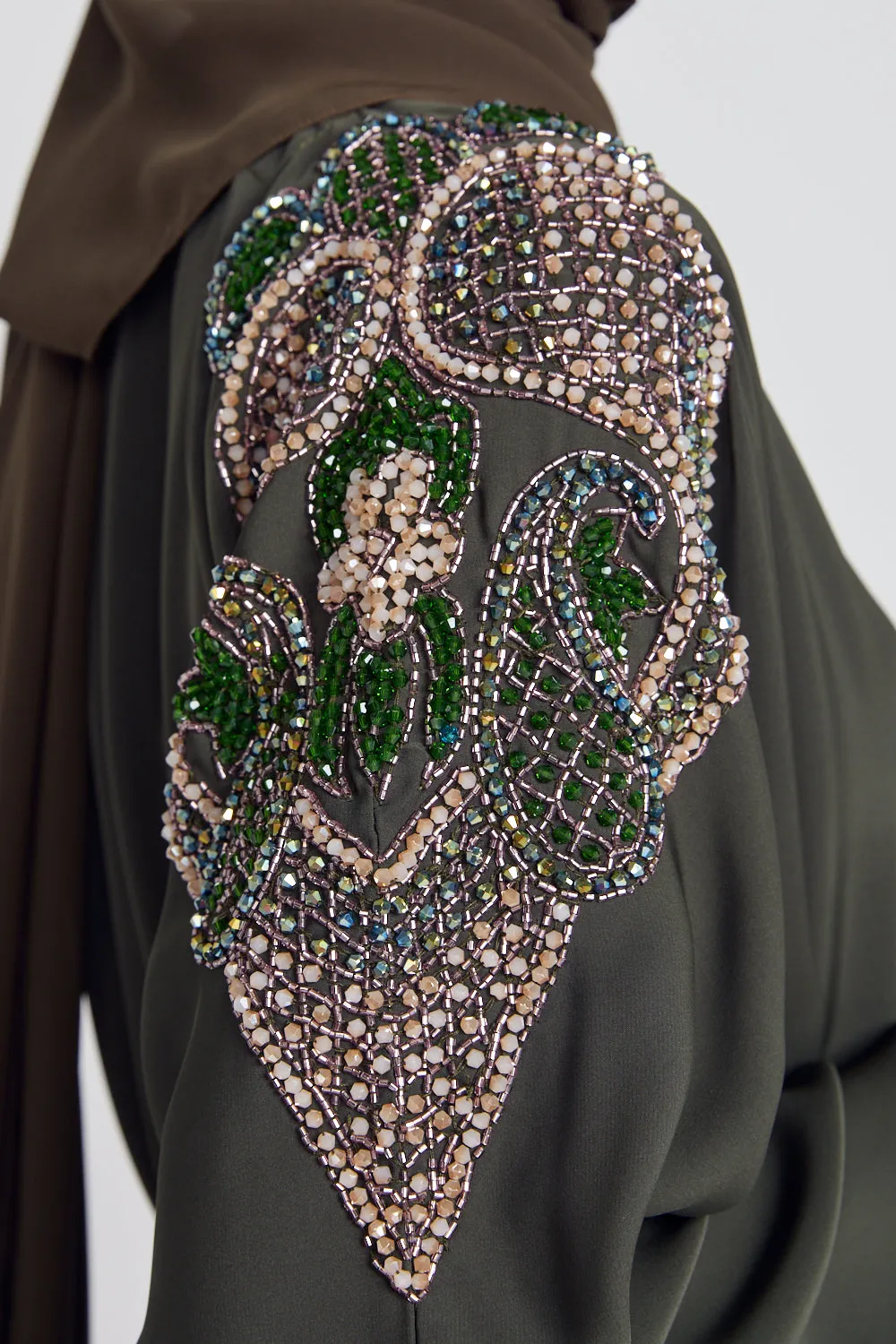 Luxury Crystal Embellished Open Abaya - Khaki