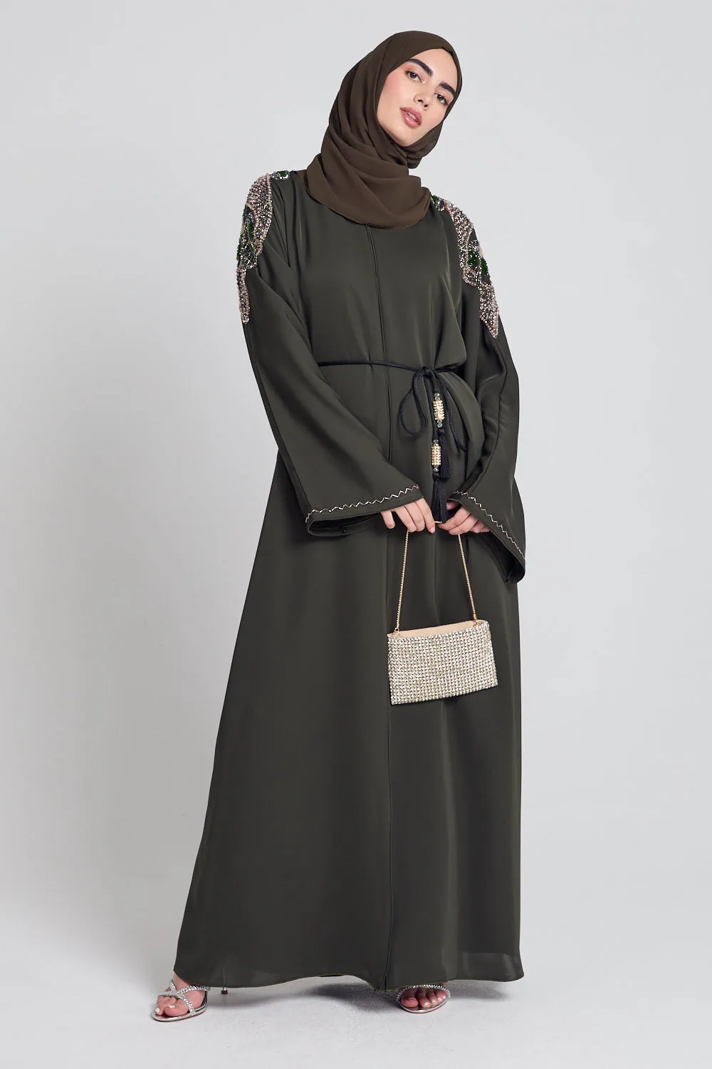 Luxury Crystal Embellished Open Abaya - Khaki