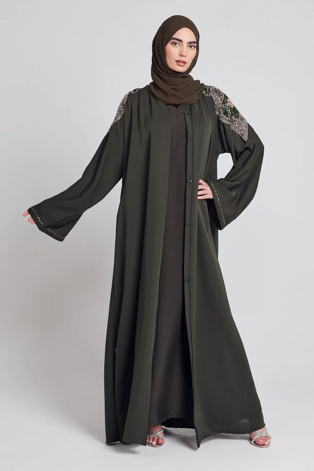 Luxury Crystal Embellished Open Abaya - Khaki