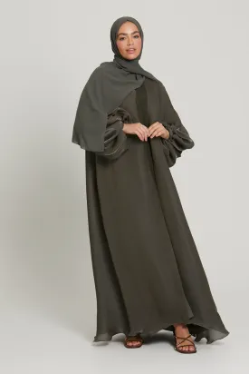 Luxury Moonlight Organza Open Abaya - Smokey Olive