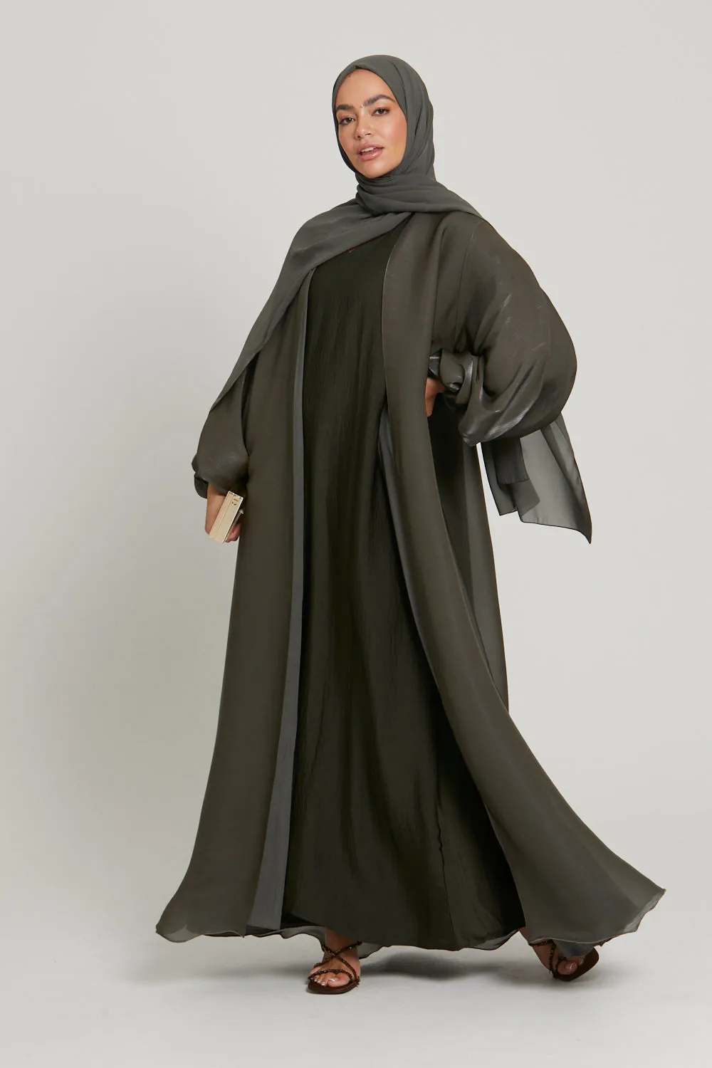 Luxury Moonlight Organza Open Abaya - Smokey Olive