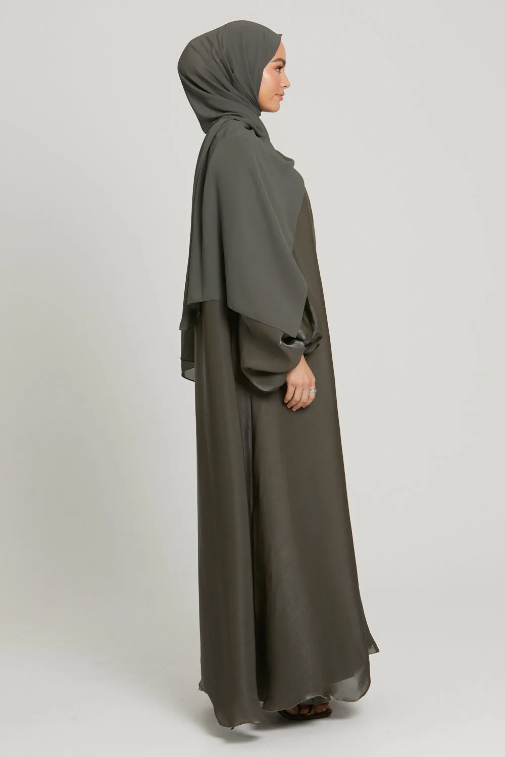 Luxury Moonlight Organza Open Abaya - Smokey Olive