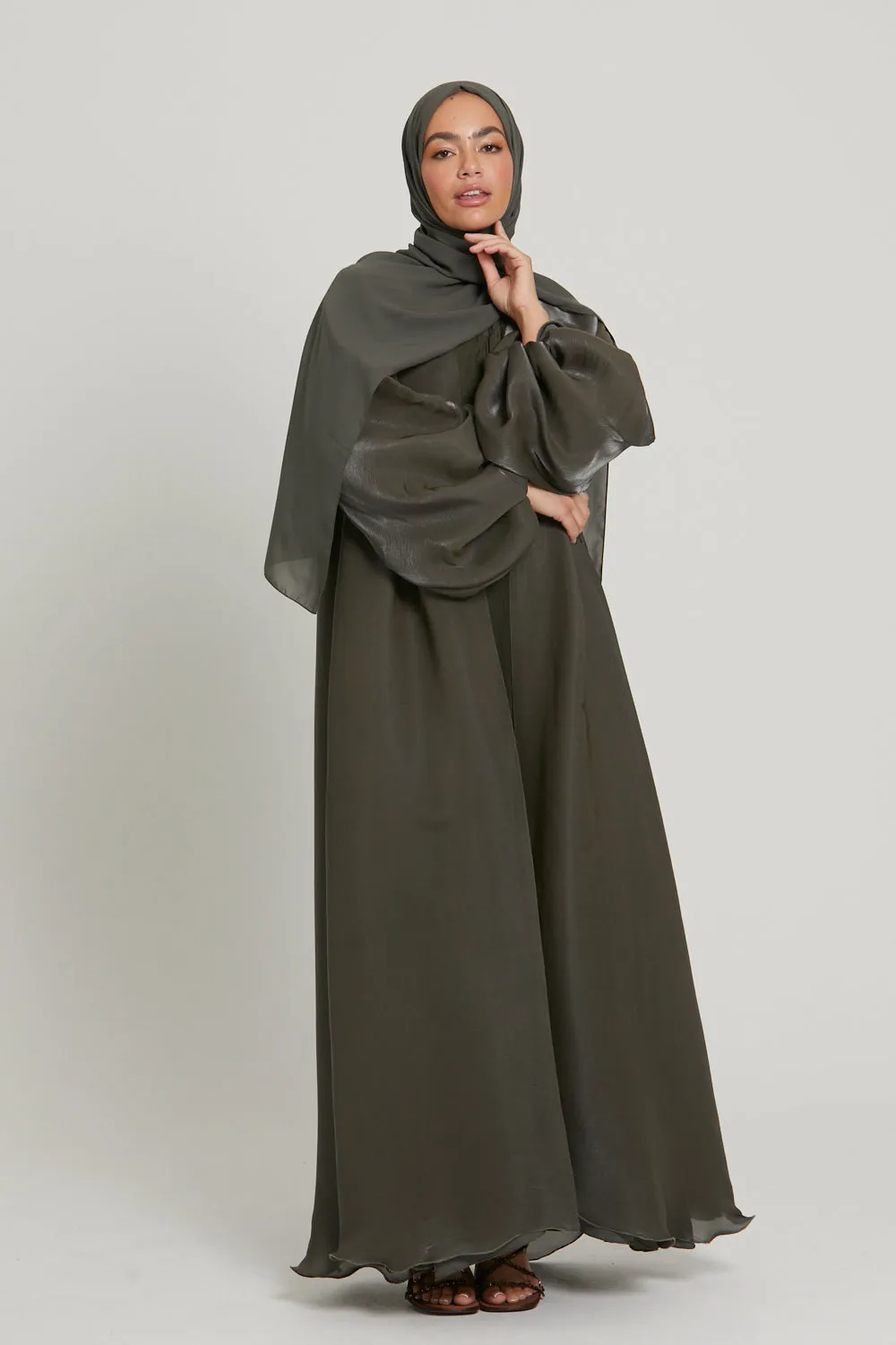 Luxury Moonlight Organza Open Abaya - Smokey Olive