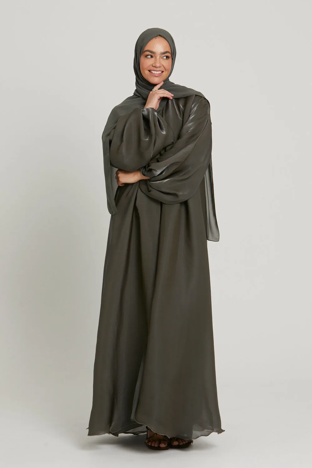 Luxury Moonlight Organza Open Abaya - Smokey Olive