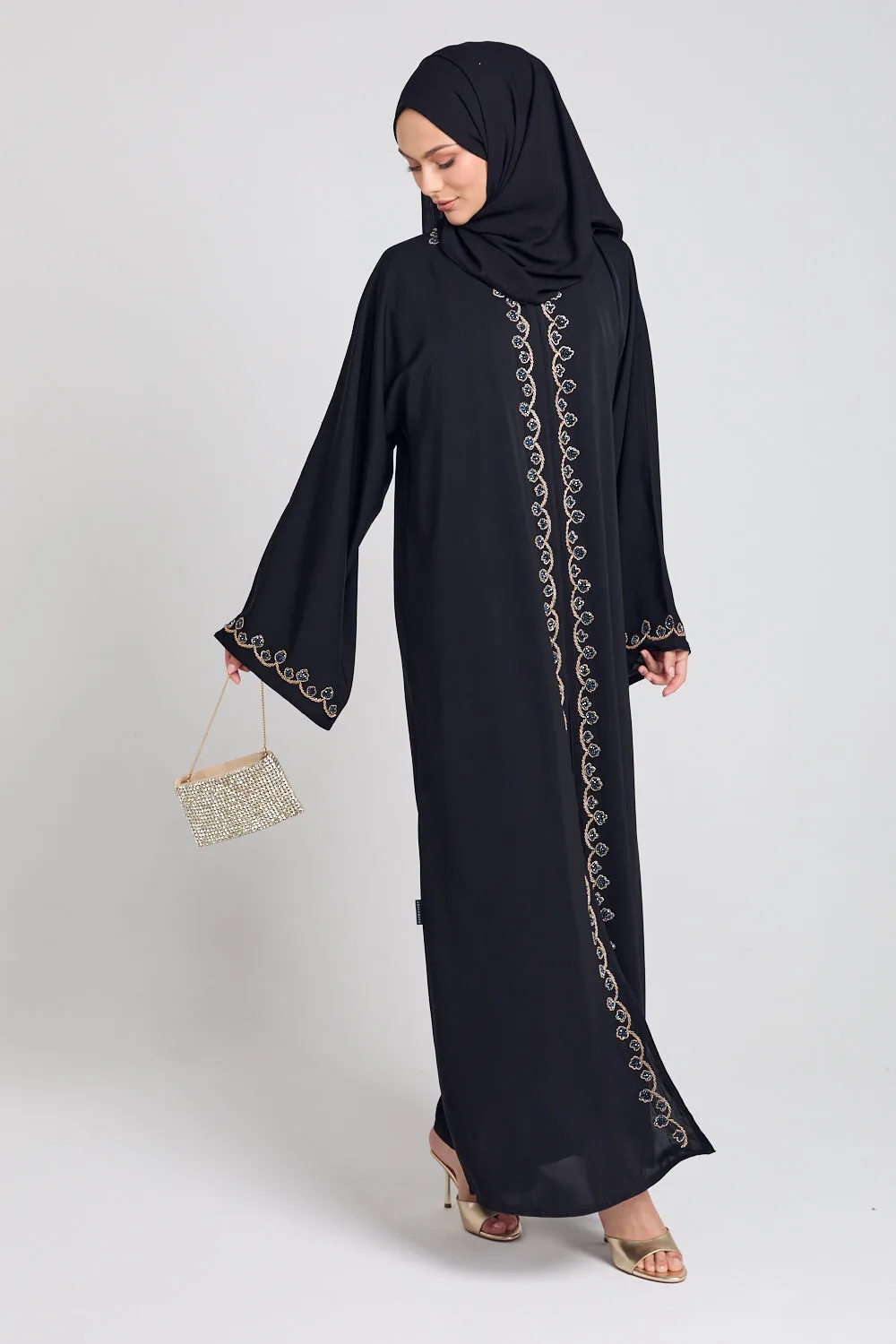 Luxury Rose Vine Embellished Open Abaya - Black