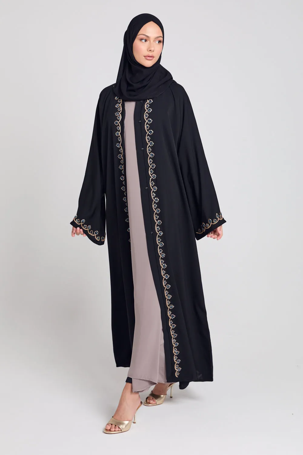 Luxury Rose Vine Embellished Open Abaya - Black