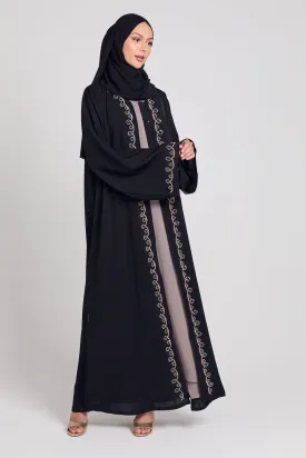 Luxury Rose Vine Embellished Open Abaya - Black