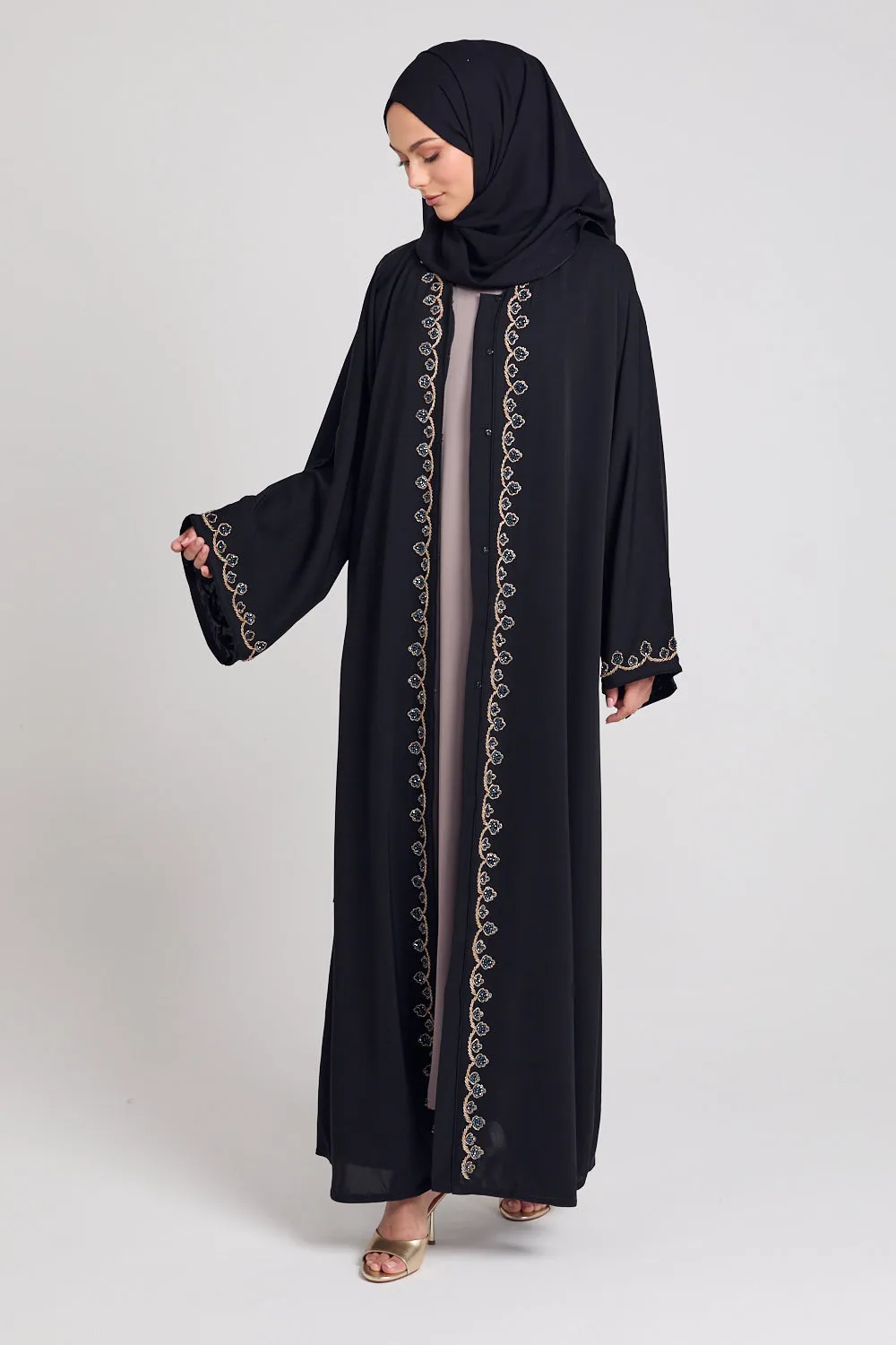 Luxury Rose Vine Embellished Open Abaya - Black