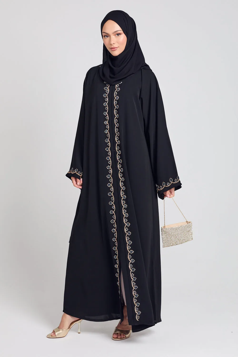 Luxury Rose Vine Embellished Open Abaya - Black