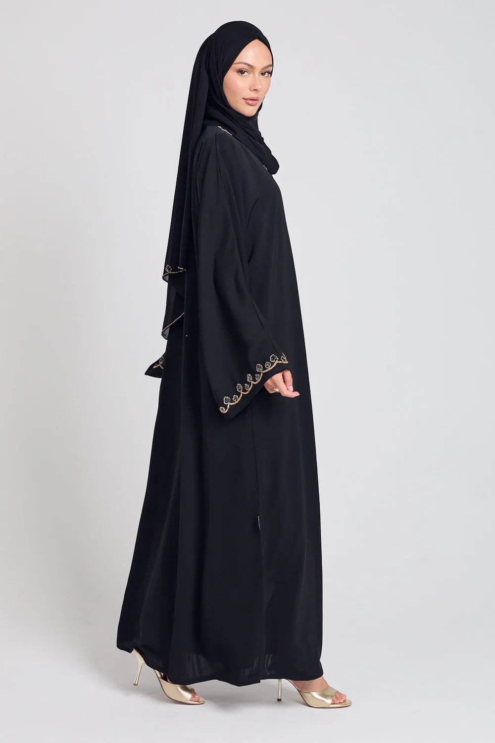 Luxury Rose Vine Embellished Open Abaya - Black