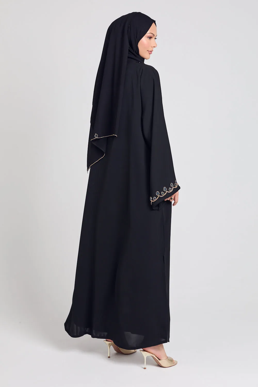 Luxury Rose Vine Embellished Open Abaya - Black