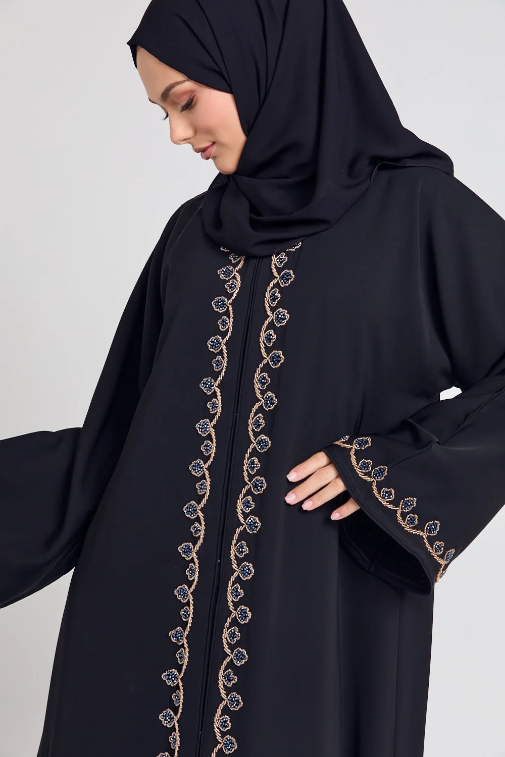 Luxury Rose Vine Embellished Open Abaya - Black