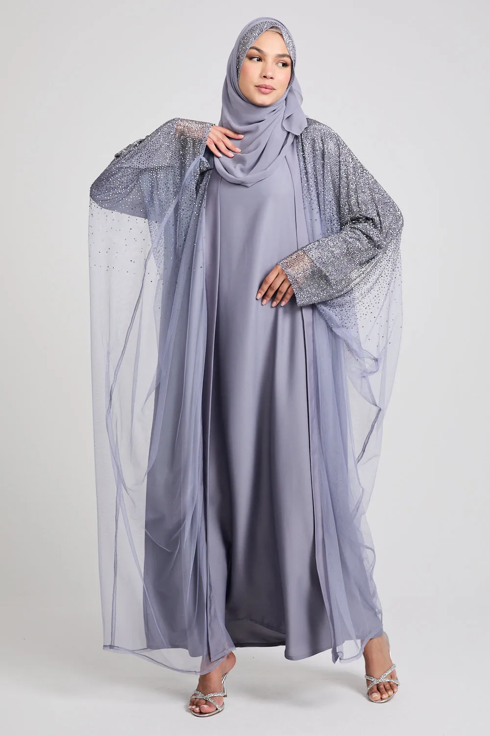 Luxury Three Piece Celestial Stardust Open Abaya Set - Moonlight Grey