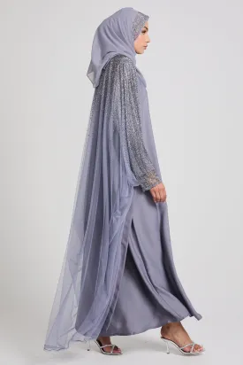 Luxury Three Piece Celestial Stardust Open Abaya Set - Moonlight Grey