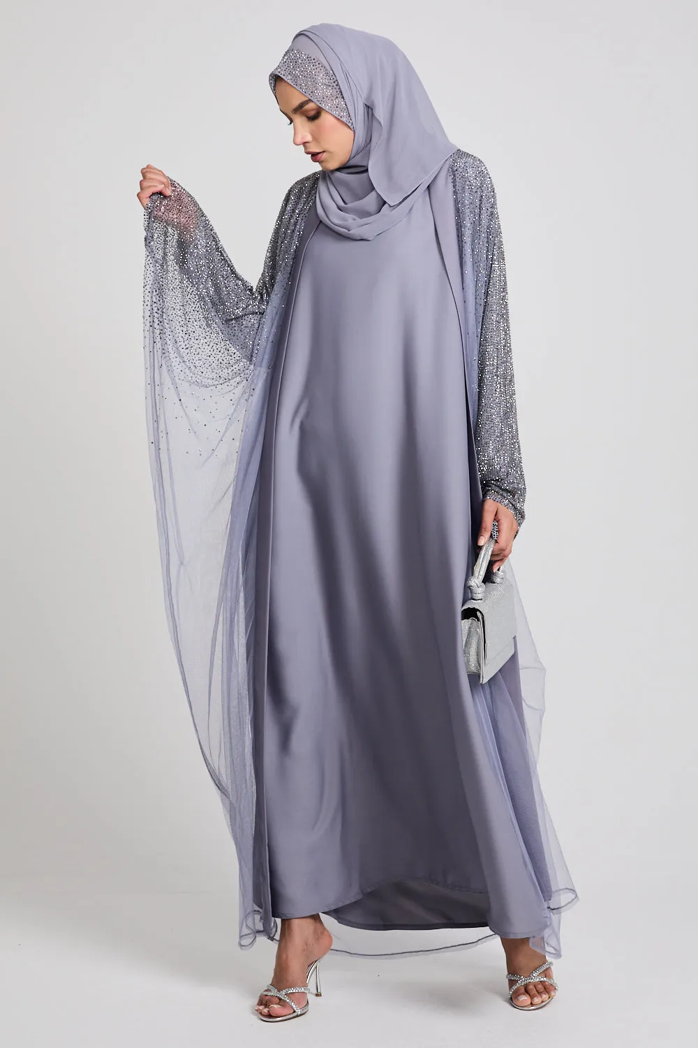 Luxury Three Piece Celestial Stardust Open Abaya Set - Moonlight Grey