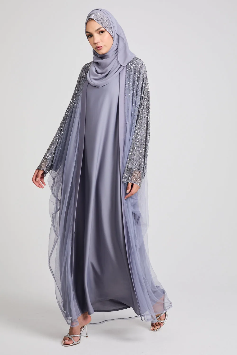 Luxury Three Piece Celestial Stardust Open Abaya Set - Moonlight Grey