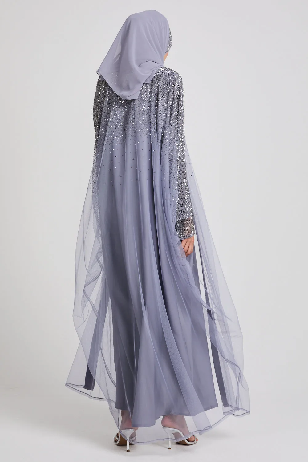 Luxury Three Piece Celestial Stardust Open Abaya Set - Moonlight Grey