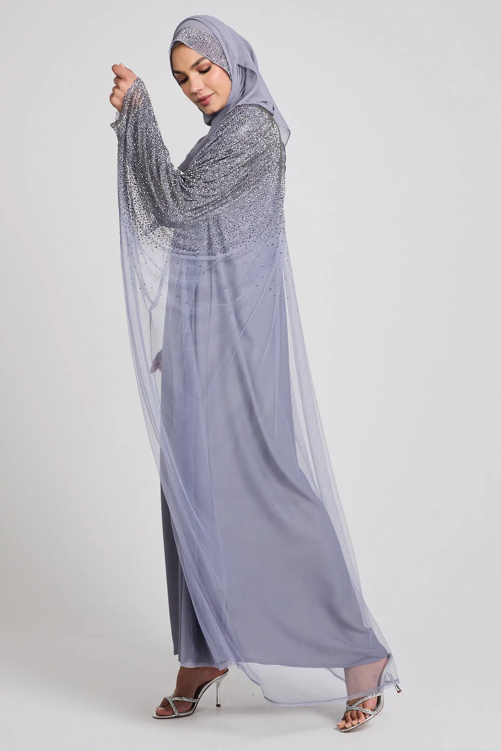 Luxury Three Piece Celestial Stardust Open Abaya Set - Moonlight Grey