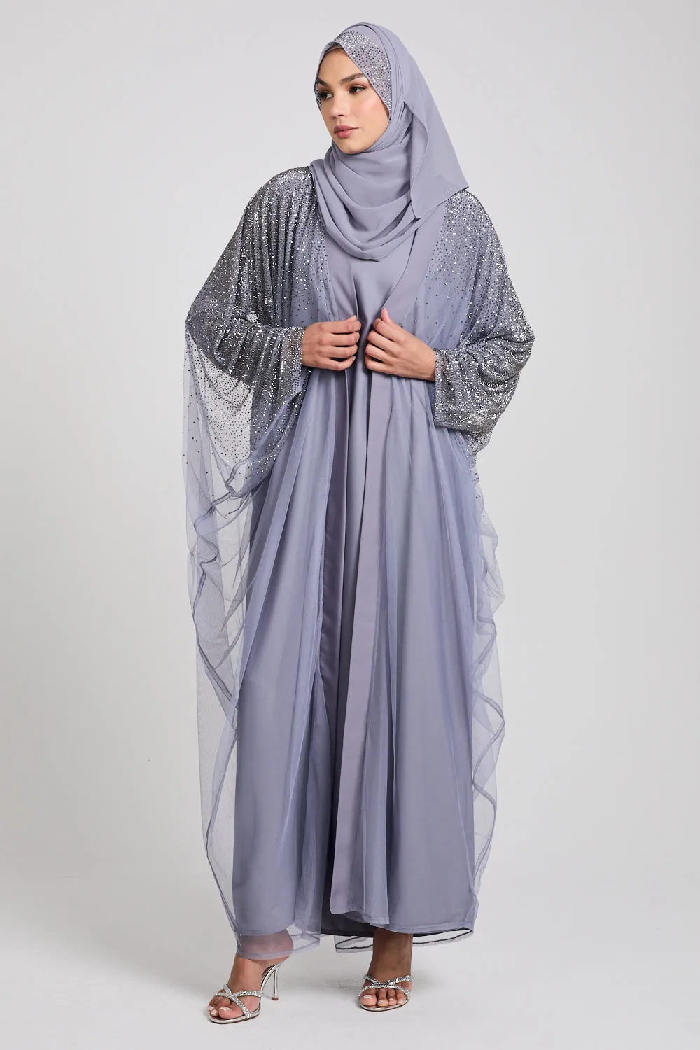 Luxury Three Piece Celestial Stardust Open Abaya Set - Moonlight Grey