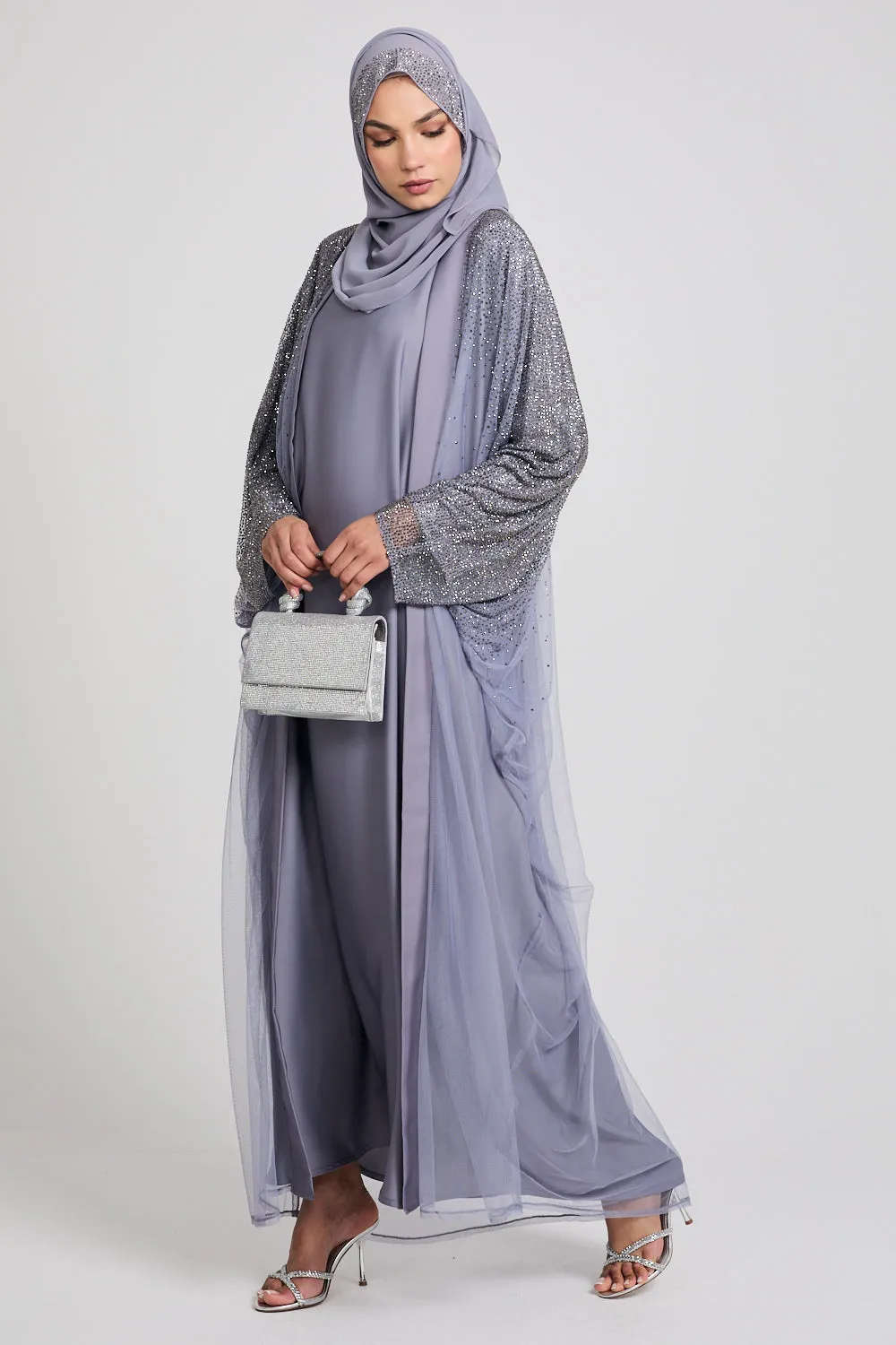 Luxury Three Piece Celestial Stardust Open Abaya Set - Moonlight Grey